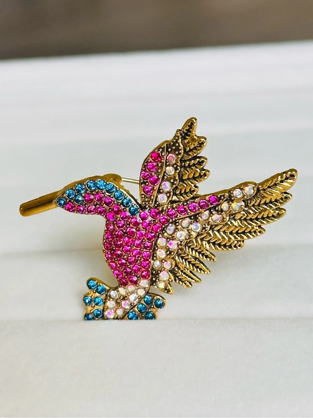 NEW! Gold Hummingbird Brooch with Pink, Blue and Clear Crystals